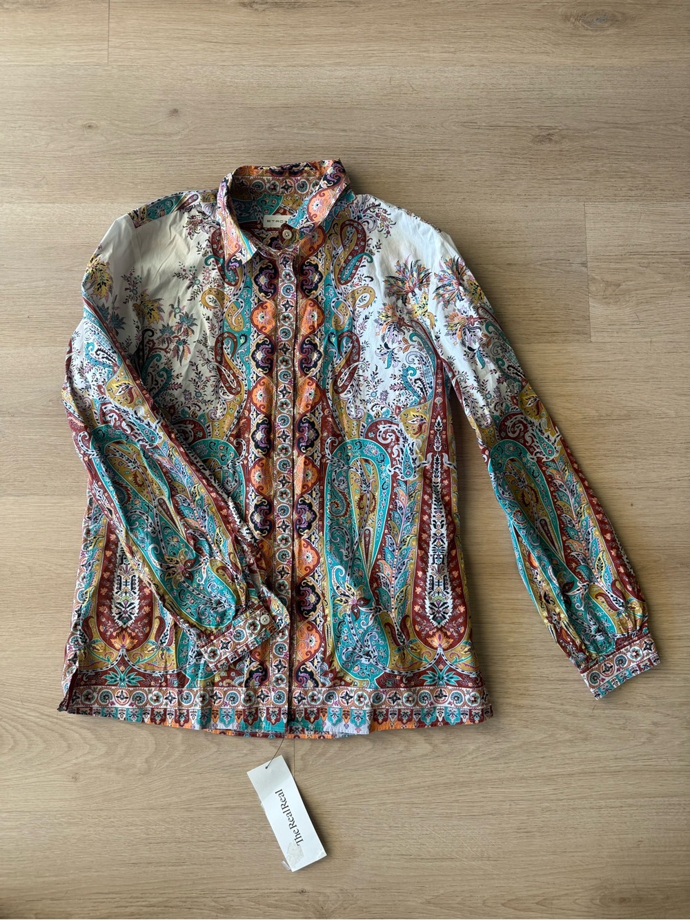 Etro 42 Turquoise Rust Cream Paisley Vintage Button-Up
